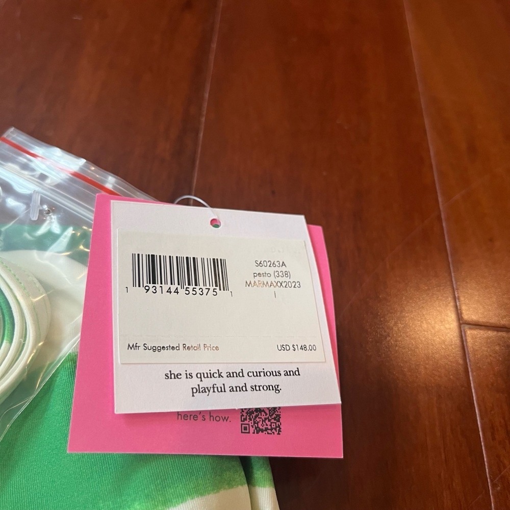 Kate Spade Swimsuit One-Piece Pesto Green White Stripe Straps Size Large - Picture 2 of 5